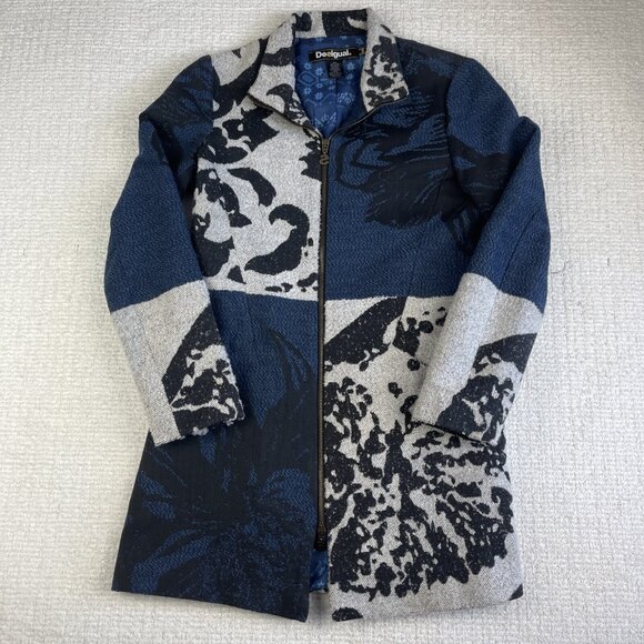 Desigual Meredith Peacoat blue / gray black floral Hippie size 38 - Picture 1 of 16